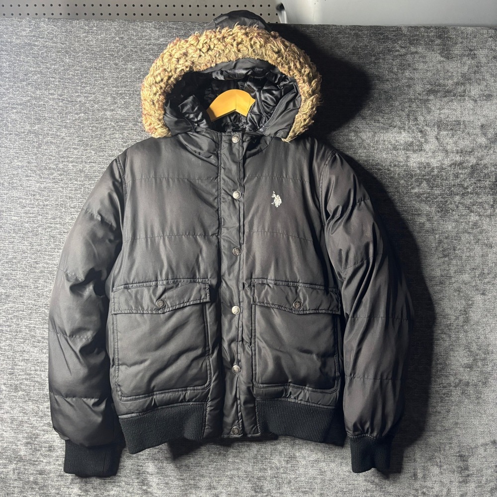 US Polo Assn Womens Puffer Jacket Black Faux Fur Hood Quilt Lined Size Large